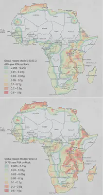 A map of the African content where the seismic hazard is visualized at two different return periods